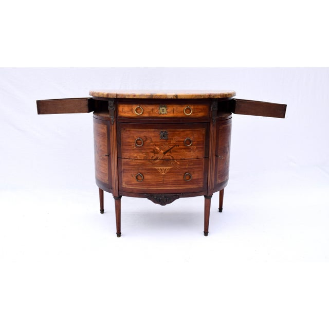 French 19th Century Marquetry Demi-Lune Server Commode, Specimen Marble Top For Sale - Image 4 of 17
