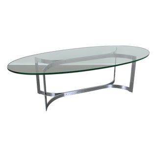 Oval Coffee Table with Clear Glass Top and Curved Steel Frame, Germany, 1970s For Sale