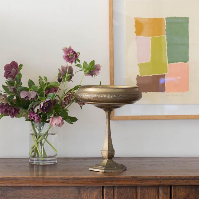 Large pewter decorative pedestal bowl from France, 1930s. Stunning bowl resting on a hexagonal pedestal base. Lovely...