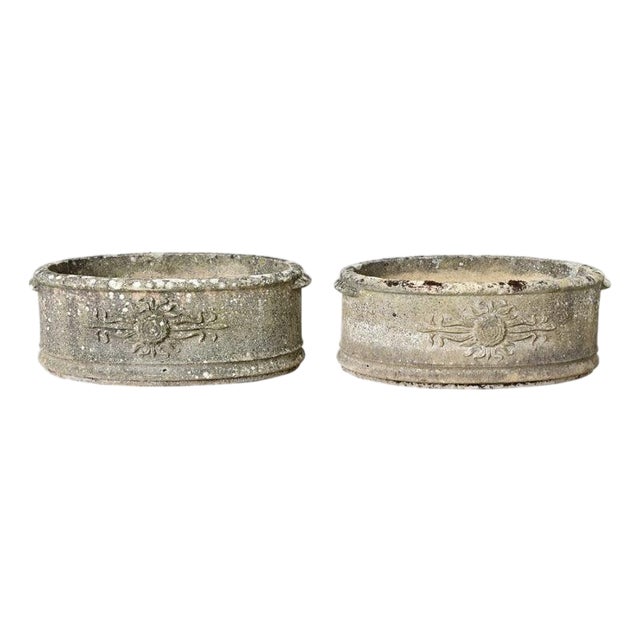 English Pair of 1920s Oval Cast Stone Planters For Sale
