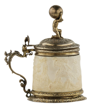 Silver Beer Tankard with Atlas and Carved Ivory Religious Scenes from Lübeck