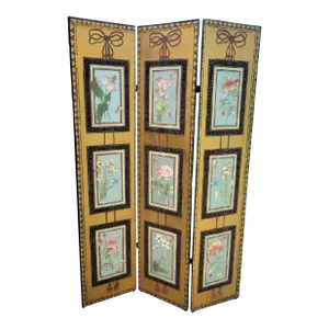 Vintage Mario Buatta Style 3 Panel Faux Framed Floral Prints With Bow Tassel Details Floor Room Divider Screen