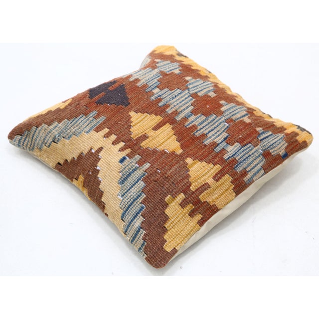 Tribal Arteverk Handwoven Afghan Kilim Pillow — Red & Blue Zigzag Diamonds For Sale - Image 3 of 3