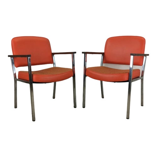 Mid Century Modern Office Chairs With Orange Vinyl Upholstery a Pair