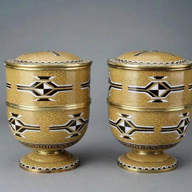 Mid 20th Century Pair of Vintage Cloisonné Enamel Trophy-Form Lidded Jars / Tea Caddies For Sale - Image 5 of 7
