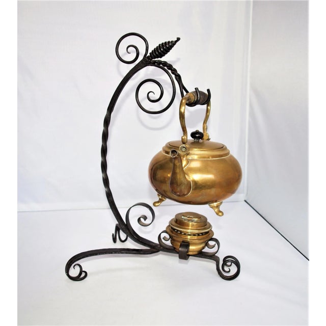 Art Nouveau Antique Art Nouveau Brass Tea Kettle and Burner on Iron Stand For Sale - Image 3 of 8
