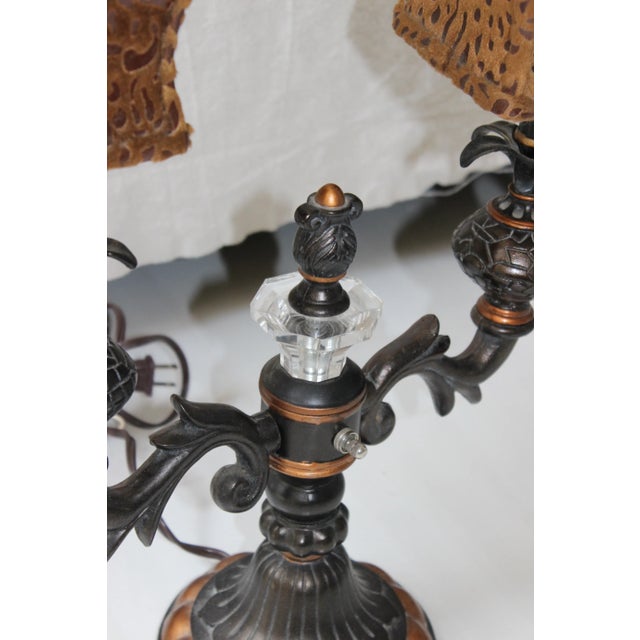 Hollywood Regency Candelabra Lamps Cheetah Leopard Shades - a Pair For Sale - Image 9 of 10