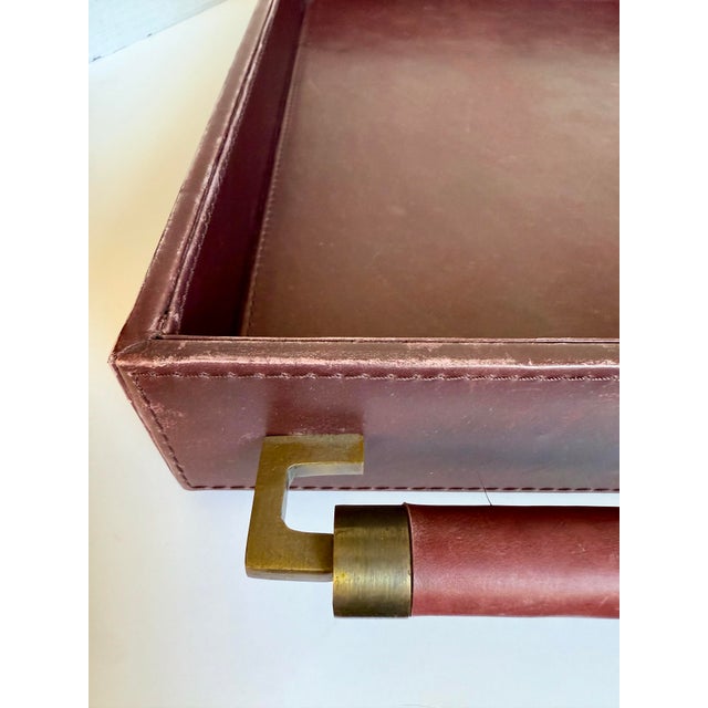 Metal Global Views Burgundy Leather Executive Desk Tray With Leather Wrapped Handles For Sale - Image 7 of 12