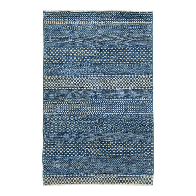 Blue Modern Afghan Wool Rug With Geometric Pattern For Sale