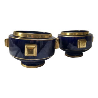 French Art Deco Cobalt Blue and Gilt Cache Pots by Maurice Pinon for Jaget & Pinon, 1920s, Set of 2 For Sale