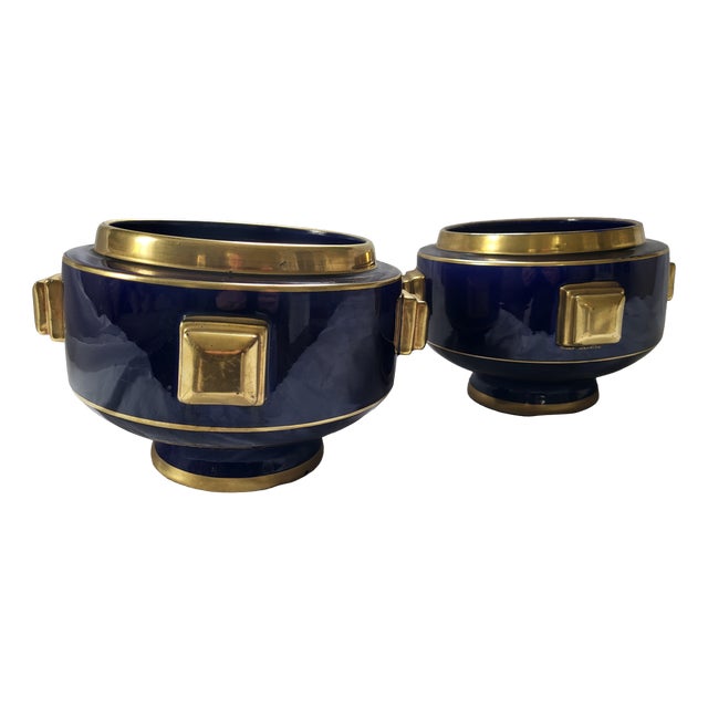 French Art Deco Cobalt Blue and Gilt Cache Pots by Maurice Pinon for Jaget & Pinon, 1920s, Set of 2 For Sale