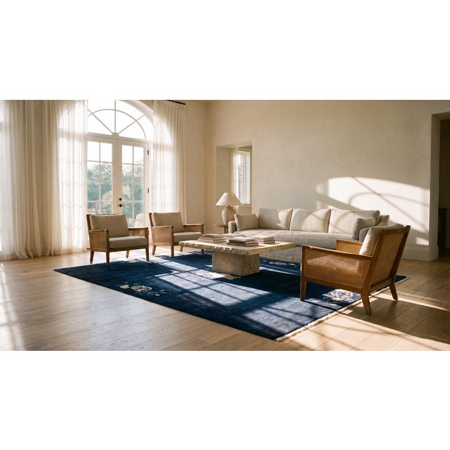 1920s Blue Navy Vase Minimalist Antique Chinese Peking Knotted Wool Rug Carpet For Sale - Image 14 of 15