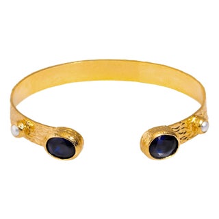 Cleopatra Sapphire & Pearl Adjustable Gold Cuff Bracelet For Sale