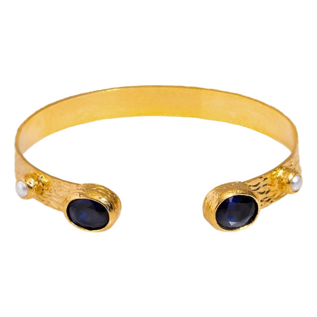 Cleopatra Sapphire & Pearl Adjustable Gold Cuff Bracelet For Sale