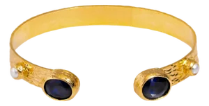 Cleopatra Sapphire & Pearl Adjustable Gold Cuff Bracelet
