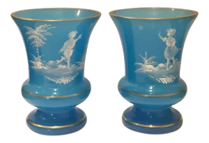 Victorian Opaline Glass Vases Hand Painted With Gilt Detail - a Pair