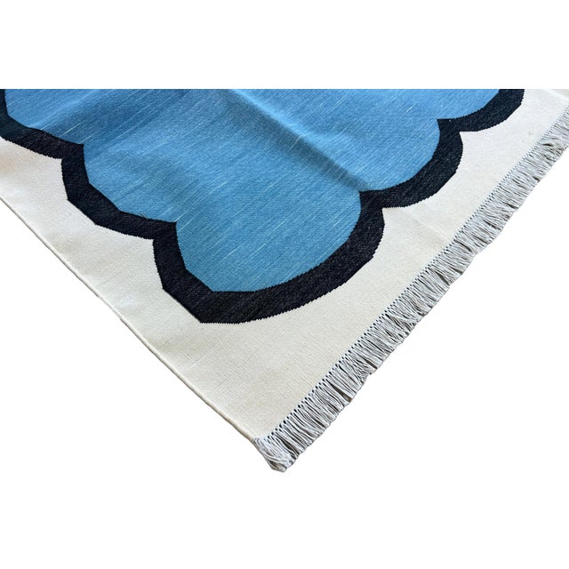 Not Yet Made - Made To Order Handmade Cotton Area Vegetable Dyed Rug, Teal Blue, Black and Cream Scalloped Dhurrie - 12'x15' For Sale - Image 5 of 7
