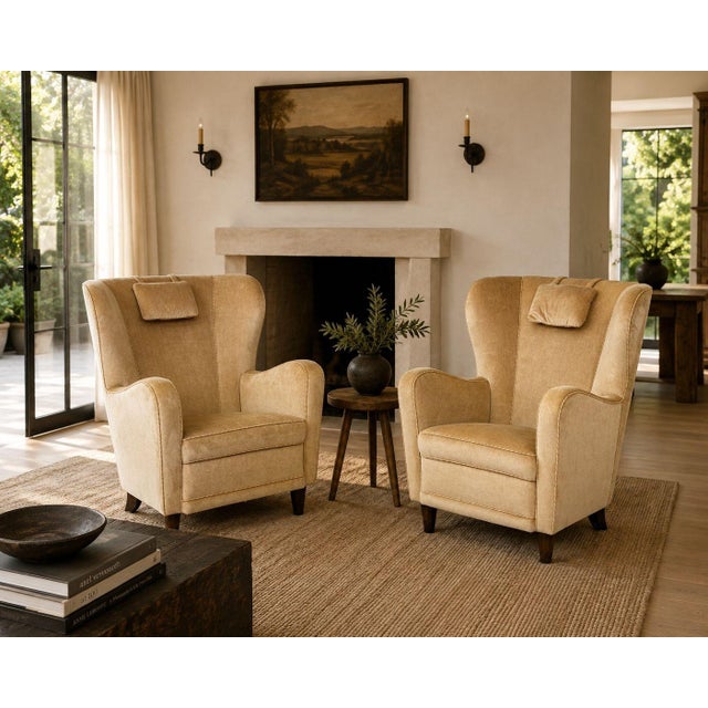 Finnish Mid-Century Modern, Wingback Chairs, Beige Velvet, Wood, Finland, 1950s Pair of substantial winback lounge chairs...