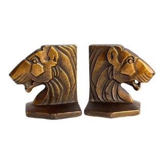 Art Deco Lion Head Bookends Bradley Hubbard Heavy Bronze Tone Metal For Sale