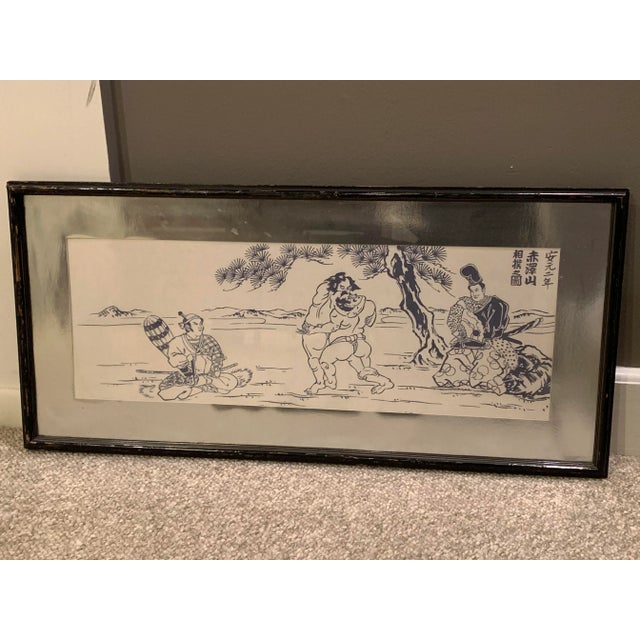 19th Century Mid-Century Asian Linen Print With Silver Matting and Frame For Sale - Image 5 of 8