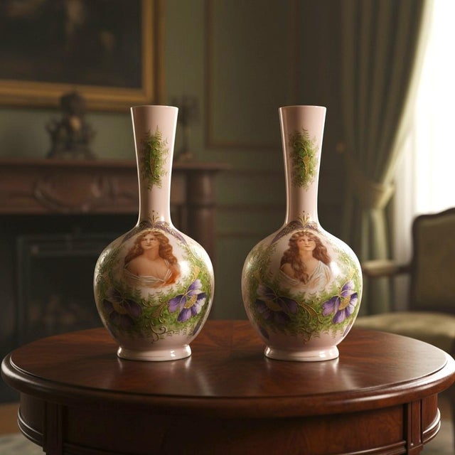 Pink Antique Austrian Portrait Vases Pair-Art Nouveau-Pink Enamel-Maiden-Porcelain For Sale - Image 8 of 11