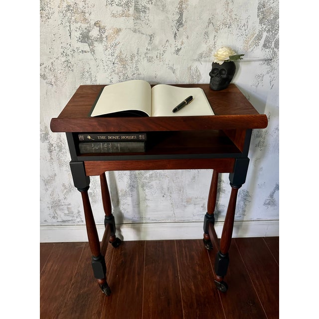 Victorian Gothic Walnut Altar Table, Antique Colonial Revival Lectern, Original Casters For Sale - Image 3 of 6
