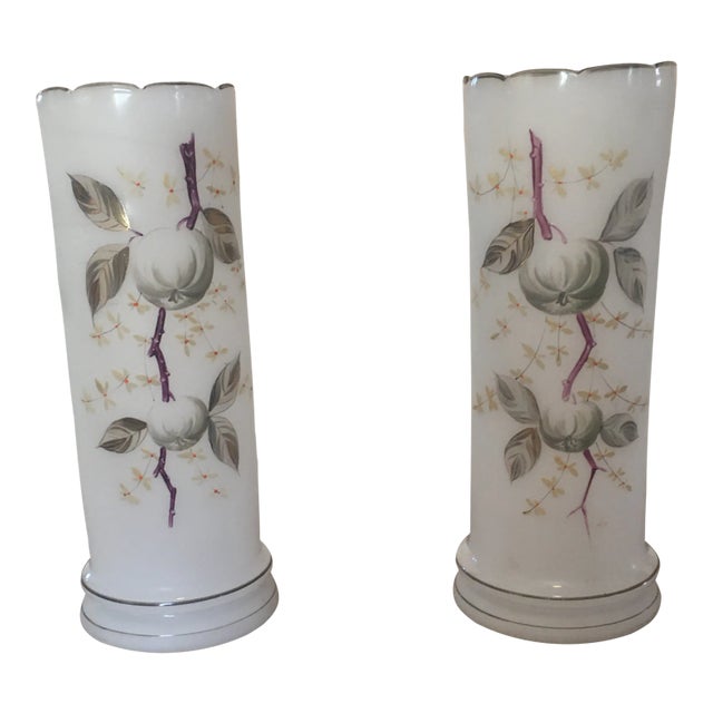 Vintage French Enameled Handpainted Opaline Glass Vases - a Pair For Sale