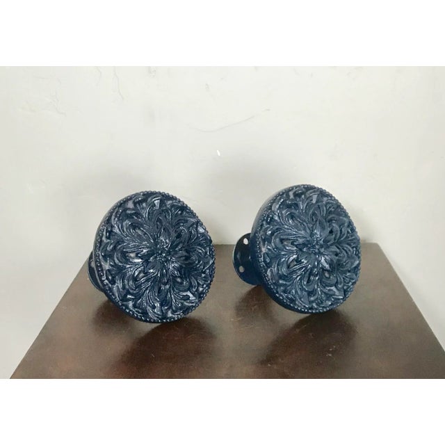 Vintage Blue Lacquer Finish Large Floral Curtain Tie Backs - a Pair For Sale - Image 4 of 4