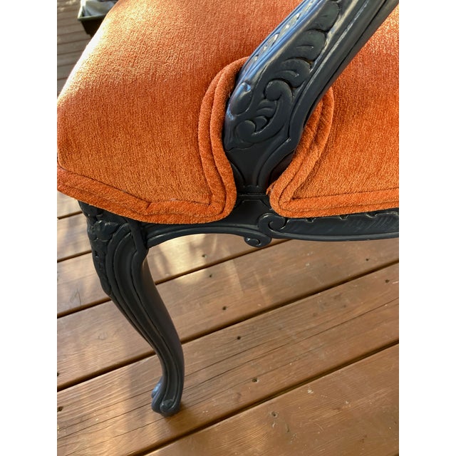 Orange Hand-Painted French Provincial Armchair - Navy Blue & Orange Velvet - Whimsical Floral Reupholstered Accent Chair For Sale - Image 8 of 14