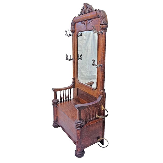 Monumental Antique American Tiger Oak Hall Tree With Mirror & Lift-Top Seat, C. 1890s For Sale - Image 12 of 18