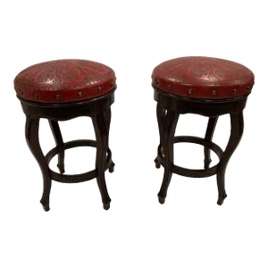 Italian Embossed Leather and Wood Bar Stools -A Pair