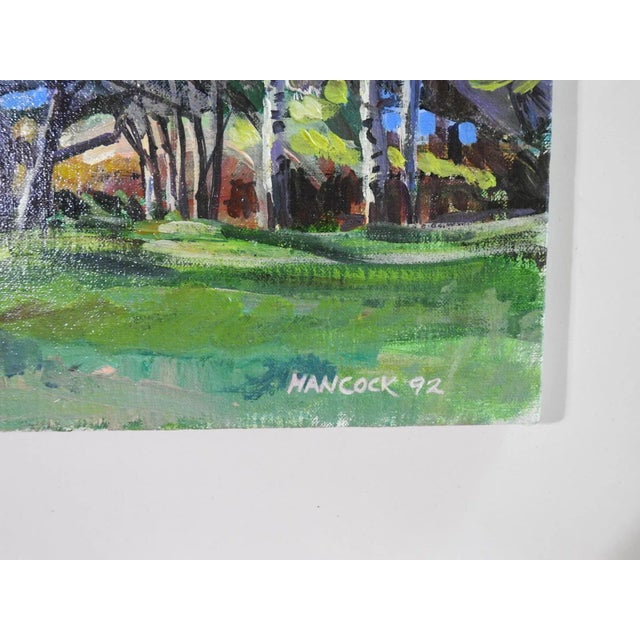 1992 impressionist oil on linen painting of flowering fruit tree orhcard landscape. Signed Hancock dated 1992 lower right...