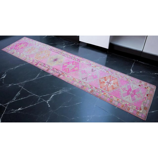 Mid-Century Modern Brilliant Kurdish Runner Herki Rug. Hand-Knotted Tribal Pink Hallway Rug - 2′10″ × 12′10″ For Sale - Image 3 of 12