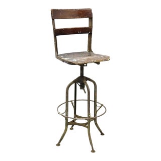 Early 20th Century Industrial Toledo Metal Co Steel & Wood Adjustable Drafting Stool Chair For Sale