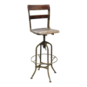 Early 20th Century Industrial Toledo Metal Co Steel & Wood Adjustable Drafting Stool Chair