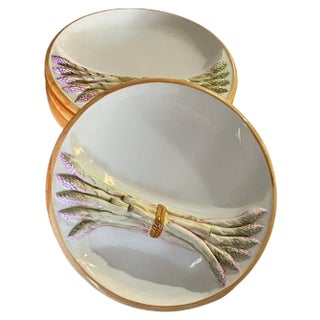 Early 20th Century Majolica Arparagus Plates in Purple & Green, Set of 6 For Sale