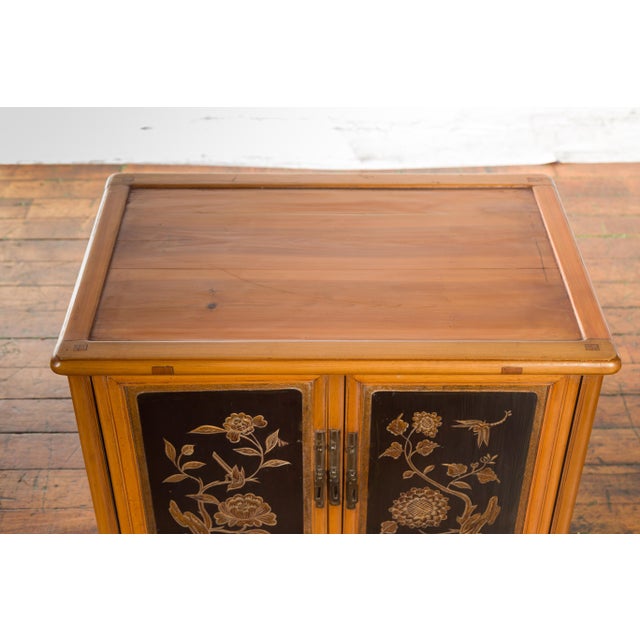 Wood Two Chinese Qing Dynasty Fruitwood Side Cabinets with Carved Décor, Sold Each For Sale - Image 7 of 12