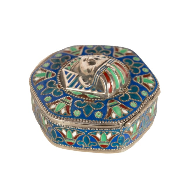 Antique Art Deco King Tut Egyptian Revival Silver Gilt Enamel Cloisonne Box 1925 For Sale - Image 4 of 14