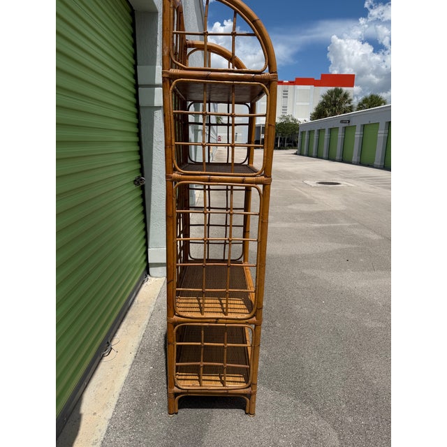 Wood Vintage Rattan & Woven Cane Four-Tier Étagère Bookshelf For Sale - Image 7 of 7