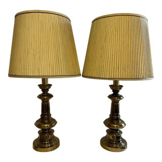 Vintage Brass Table Lamps With Original Shades- a Pair For Sale