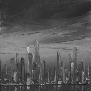 Knifed by Todd Carpenter | Oil on board Abstract cityscape with tall buildings in monochrome. For Sale