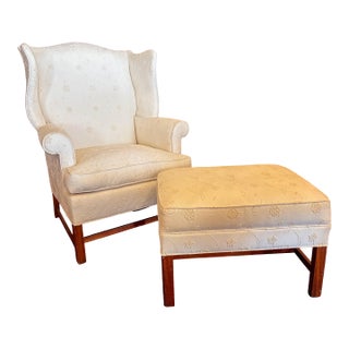 1980s Hickory Chair Co White Wingback Chair With Tone-on-Tone Embroidery and Matching Ottoman For Sale
