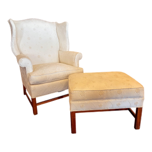 1980s Hickory Chair Co White Wingback Chair With Tone-on-Tone Embroidery and Matching Ottoman
