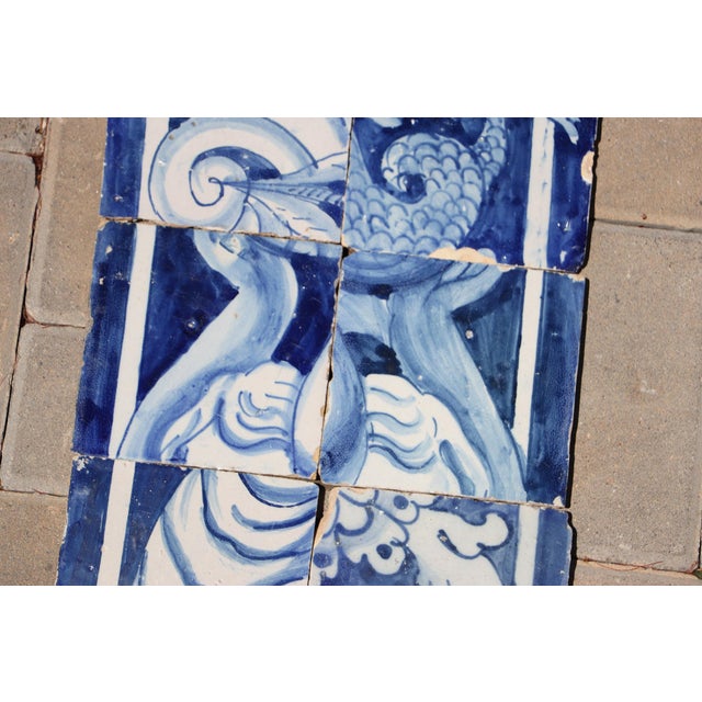 18th Century 18th Century Portuguese Baroque Tiles With Mythological Figure Details and Elaborate Cobalt Scrollwork, Set of 6 For Sale - Image 5 of 9