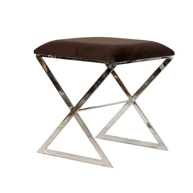 Contemporary Matthew Izzo Home X Side Stool in Brown Velvet Upholstery and Polished Nickel Base For Sale - Image 3 of 3