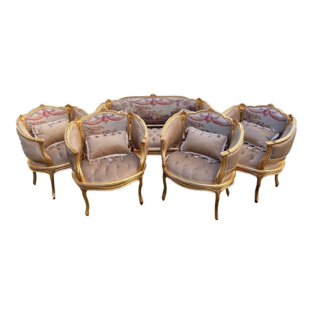 Opulent 1940s French Louis XVI Gilded Sofa Set – Beige Tufted Velvet, Set of 5 For Sale