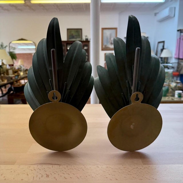 1960s 1960s Metal Wall Sconces With Lotus Flower Detail Italian Palm Leaf Candle Sconces- a Pair For Sale - Image 5 of 8