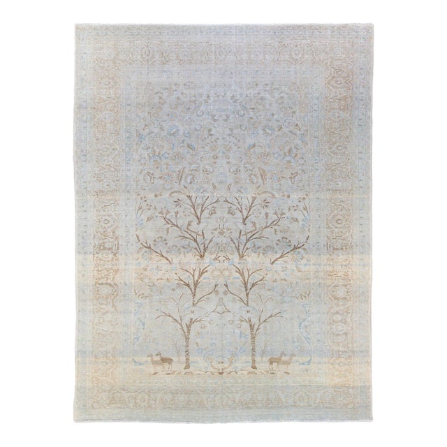 1930s Antique Tabriz Handmade Botanical Designed Blue Wool Rug For Sale