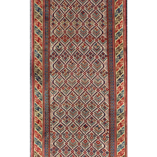 Tribal Late 19th Century Antique Caucasian Shirvan Runner With Diamond Design in Ivory Background For Sale - Image 3 of 7