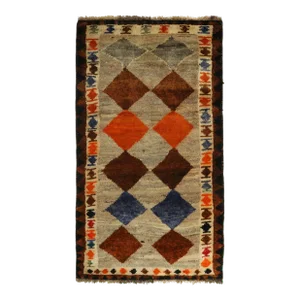 1950s Vintage Gabbeh Tribal Runner in Gray With Brown, Orange & Blue Diamond Patterns
